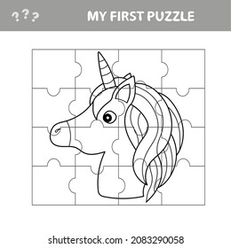 Juego de rompecabezas para los niños. Cortando la práctica. Educación desarrollando hoja de trabajo con Unicorn. Actividad. Caricatura. Libro de coloración