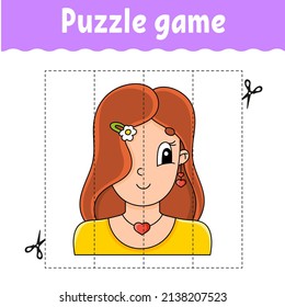 Juego de rompecabezas para los niños. Cortando la práctica. Educación desarrollando hoja de trabajo. Actividad. personaje de dibujos animados. Ilustración vectorial.