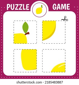 Juego de rompecabezas para los niños. Cortando la práctica. Educación desarrollando hoja de trabajo. Actividad. Limón para cortar y pegar