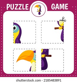 Puzzle game for kids. Cutting practice. Education developing worksheet. Activity page. Cut and glue toucan