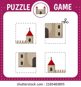 Puzzle game for kids. Cutting practice. Education developing worksheet. Activity page. Cut and glue castle