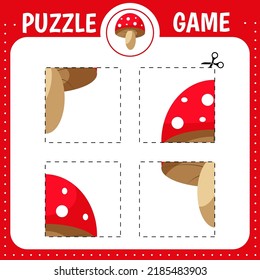 Puzzle game for kids. Cutting practice. Education developing worksheet. Activity page. Cut and glue mushroom.