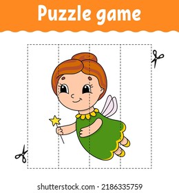 Puzzle game for kids. Cutting practice. Education developing worksheet. Activity page. cartoon character. Vector illustration.