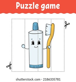 Puzzle game for kids. Cutting practice. Education developing worksheet. Activity page. cartoon character. Vector illustration.