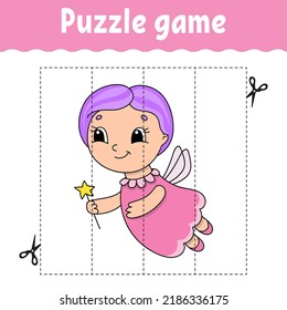 Puzzle game for kids. Cutting practice. Education developing worksheet. Activity page. cartoon character. Vector illustration.