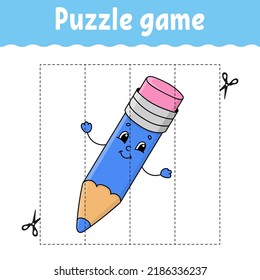 Puzzle game for kids. Cutting practice. Education developing worksheet. Activity page. cartoon character. Vector illustration.