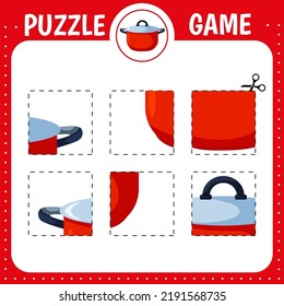 Puzzle game for kids. Cutting practice. Education developing worksheet. Activity page. Cut and glue saucepan. Kitchen utensil