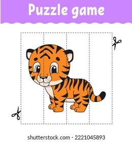 Puzzle game for kids. Cutting practice. Education developing worksheet. Activity page. cartoon character. Vector illustration.