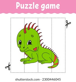 Juego de rompecabezas para los niños. Cortando la práctica. Educación desarrollando hoja de trabajo. Actividad. personaje de dibujos animados. Ilustración vectorial.