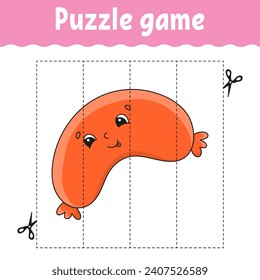 Puzzle game for kids. Cutting practice. Education developing worksheet. Activity page. cartoon character. Vector illustration.
