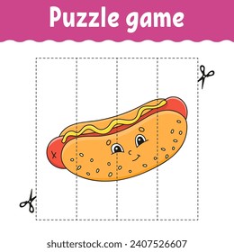 Puzzle game for kids. Cutting practice. Education developing worksheet. Activity page. cartoon character. Vector illustration.