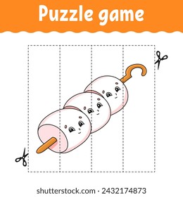 Puzzle game for kids. Cutting practice. Education developing worksheet. Activity page. cartoon character. Vector illustration.