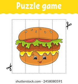 Puzzle-Spiel für Kinder. Schneideverfahren. Arbeitsblatt zur Entwicklung von Bildungen. Aktivitätsseite. Zeichentrickzeichen. Vektorillustration.
