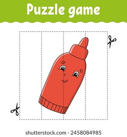 Puzzle game for kids. Cutting practice. Education developing worksheet. Activity page. cartoon character. Vector illustration.