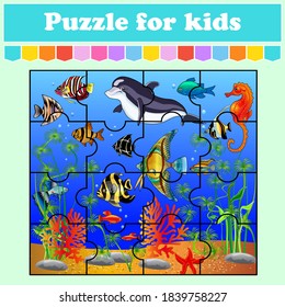 Puzzle game for kids. Dolphin and fish in the sea. Education worksheet. Color activity page. Riddle for preschool. Isolated vector illustration. Cartoon style.