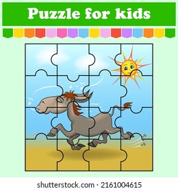 Puzzle game for kids. Donkey is running in the sand and sings. Education worksheet. Color activity page. Riddle for preschool. Isolated vector illustration. Cartoon style.