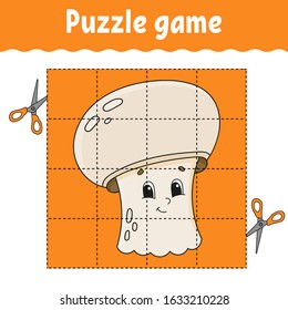 Puzzle game for kids. Education developing worksheet. Learning game for children. Color activity page. For toddler. Mushroom champignon. Isolated vector illustration in cartoon style.
