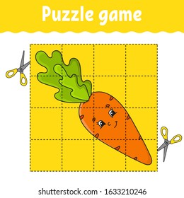 Puzzle game for kids. Education developing worksheet. Learning game for children. Vegetable carrot. Color activity page. Riddle for preschool. Isolated vector illustration in cartoon style.