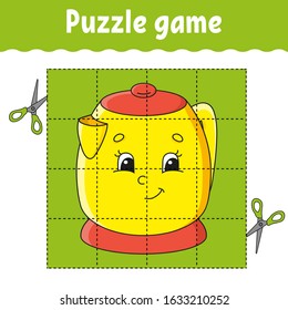 Puzzle game for kids. Education developing worksheet. Learning game for children. Kitchen kettle. Color activity page. For toddler. Riddle for preschool. Isolated vector illustration in cartoon style.