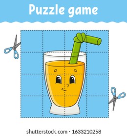 Puzzle game for kids. Education developing worksheet. Learning game for children. Glass juice. Color activity page. For toddler. Riddle for preschool. Isolated vector illustration in cartoon style.