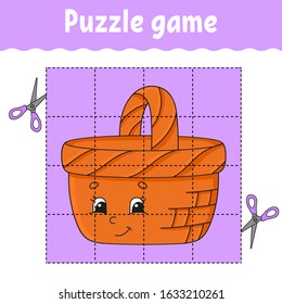 Puzzle game for kids. Education developing worksheet. Learning game for children. Wood basket. Color activity page. For toddler. Riddle for preschool. Isolated vector illustration in cartoon style.