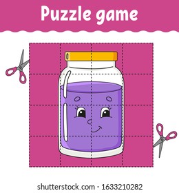 Puzzle game for kids. Education developing worksheet. Glass jar. Learning game for children. Color activity page. For toddler. Riddle for preschool. Isolated vector illustration in cartoon style.