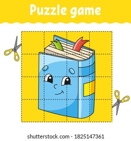 Puzzle-Spiel für Kinder. Arbeitsblatt für die Erziehung. Zurück zur Schule. Seite mit Farbaktivität. Für Kleinkinder. Reiten Sie zur Vorschule. Einzige Vektorgrafik im Cartoon-Stil.
