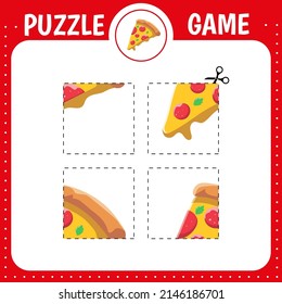 Puzzle game for kids. Education developing worksheet.Cutting practice.  Activity page.Cartoon character. Pizza