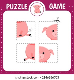 Puzzle game for kids. Education developing worksheet.Cutting practice.  Activity page.Cartoon character. Pig