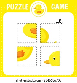 Puzzle game for kids. Education developing worksheet.Cutting practice.  Activity page.Cartoon character. Duck