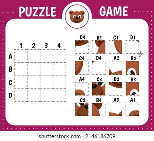 Puzzle game for kids. Education developing worksheet.Cutting practice.  Activity page.Cartoon character. Bear