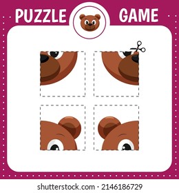 Puzzle game for kids. Education developing worksheet.Cutting practice.  Activity page.Cartoon character. Bear