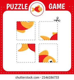 Puzzle game for kids. Education developing worksheet.Cutting practice.  Activity page.Cartoon character. Fish