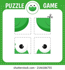 Puzzle game for kids. Education developing worksheet.Cutting practice.  Activity page.Cartoon character. Frog