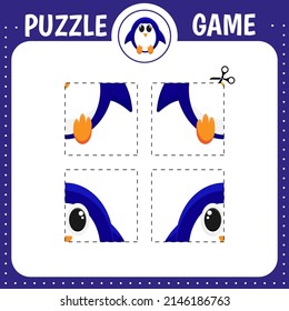 Puzzle game for kids. Education developing worksheet.Cutting practice.  Activity page.Cartoon character. Penguin