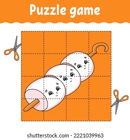 Puzzle game for kids. Education developing worksheet. Learning game for children. Color activity page. Barbecue theme. Riddle for preschool. Isolated vector illustration in cartoon style.