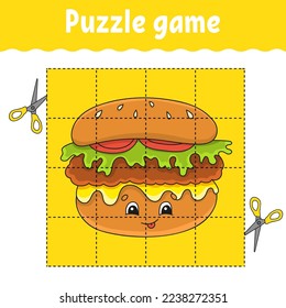 Puzzle game for kids. Education developing worksheet. Learning game for children. Color activity page. Barbecue theme. Riddle for preschool. Isolated vector illustration in cartoon style.