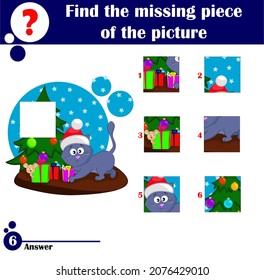 Puzzle game for kids. Education worksheet. Winter theme. Activity page. Cartoon character. Cute cat prepares Christmas presents for the mouse. Cartoon vector graphics for kids