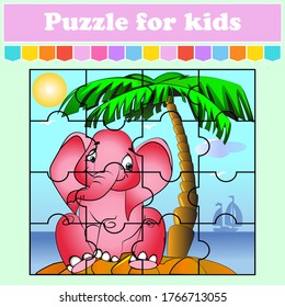Puzzle game for kids. Elephant on an island sitting under a palm tree . Education worksheet. Color activity page. Riddle for preschool. Isolated vector illustration. Cartoon style.