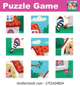 Puzzle game for kids featuring  Alice in Wonderland theme. Match pieces and complete the picture. Activity for preschool children. Vector illustration.