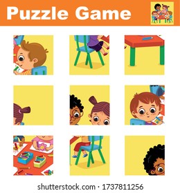 Puzzle game for kids featuring a kindergarten children. Match pieces and complete the picture. Activity for preschool children. Vector illustration.
