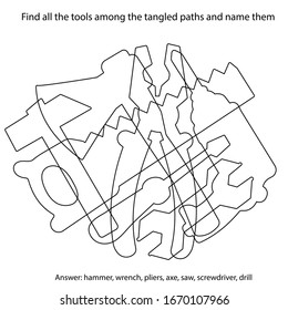 Puzzle Game for kids. Find all the tools among the tangled paths. Hammer, wrench, pliers, axe, saw, screwdriver, drill. Coloring book for children.