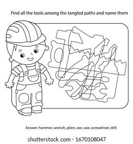 Puzzle Game for kids. Find all the tools among the tangled paths. Hammer, wrench, pliers, axe, saw, screwdriver, drill. Coloring book for children.