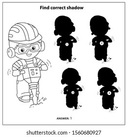 Puzzle Game for kids. Find correct shadow. Builder with jackhammer. Profession. Coloring book for children.