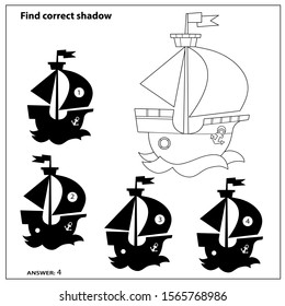 Puzzle Game for kids. Find correct shadow. Coloring Page Outline Of cartoon sail ship. Coloring book for children.