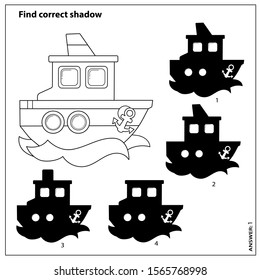 Puzzle Game for kids. Find correct shadow. Coloring Page Outline Of cartoon ship or steamer. Coloring book for children.