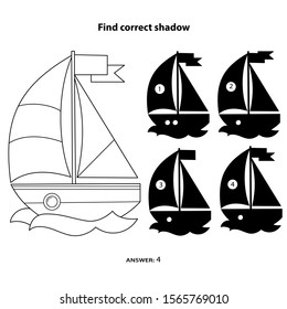 Puzzle Game for kids. Find correct shadow. Coloring Page Outline Of cartoon sail ship. Coloring book for children.
