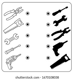 Puzzle Game for kids. Find correct shadow. Cartoon set of household tools.  Coloring book for children.