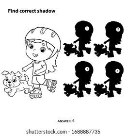 Puzzle Game for kids. Find correct shadow. Coloring Page Outline Of cartoon girl on the roller skates with a dog. Coloring book for children.
