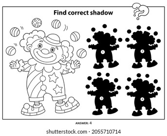 Puzzle Game for kids. Find correct shadow. Coloring Page Outline of cartoon circus clown with colorful balls. Coloring book for children. 